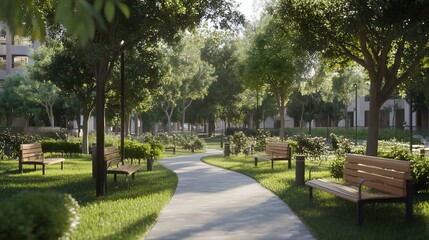 Fototapeta premium Serene Urban Park Pathway: Sunlit Stroll Through Lush Greenery