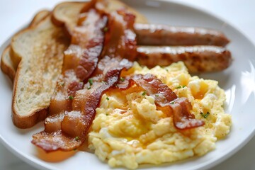 A plate of breakfast food, including toast, bacon, sausages, and scrambled eggs. A classic breakfast meal for a good start to the day.