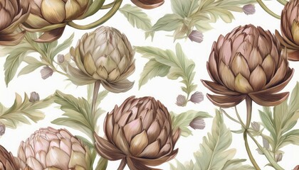 Obraz premium seamless vintage repeating artichoke pattern in shades of pastel brown wallpaper in a watercolor design on a white background