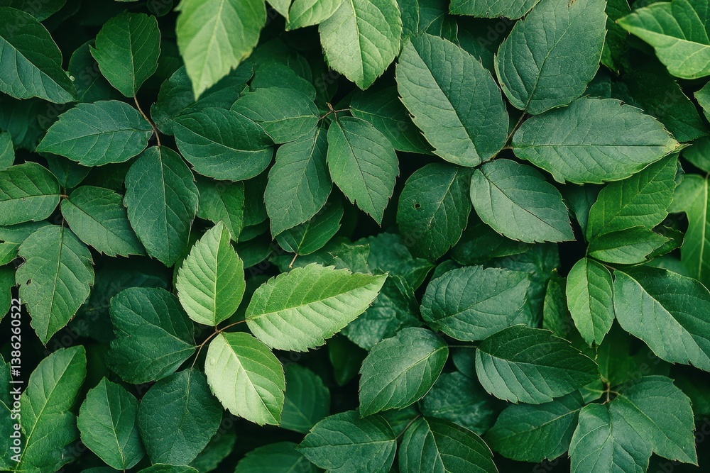Poster vibrant green leaves arranged in a natural pattern showcasing diverse shapes and textures in a lush 
