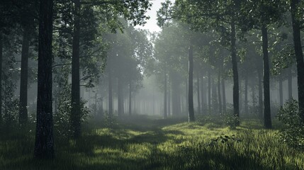 Obraz premium Misty Forest Path: Serene Woodland Scene