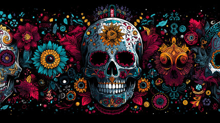 Vector Dia de Los Muertos, Day of the Dead or Mexico Halloween. The main symbols of the holiday on the dark background. Day of the dead.