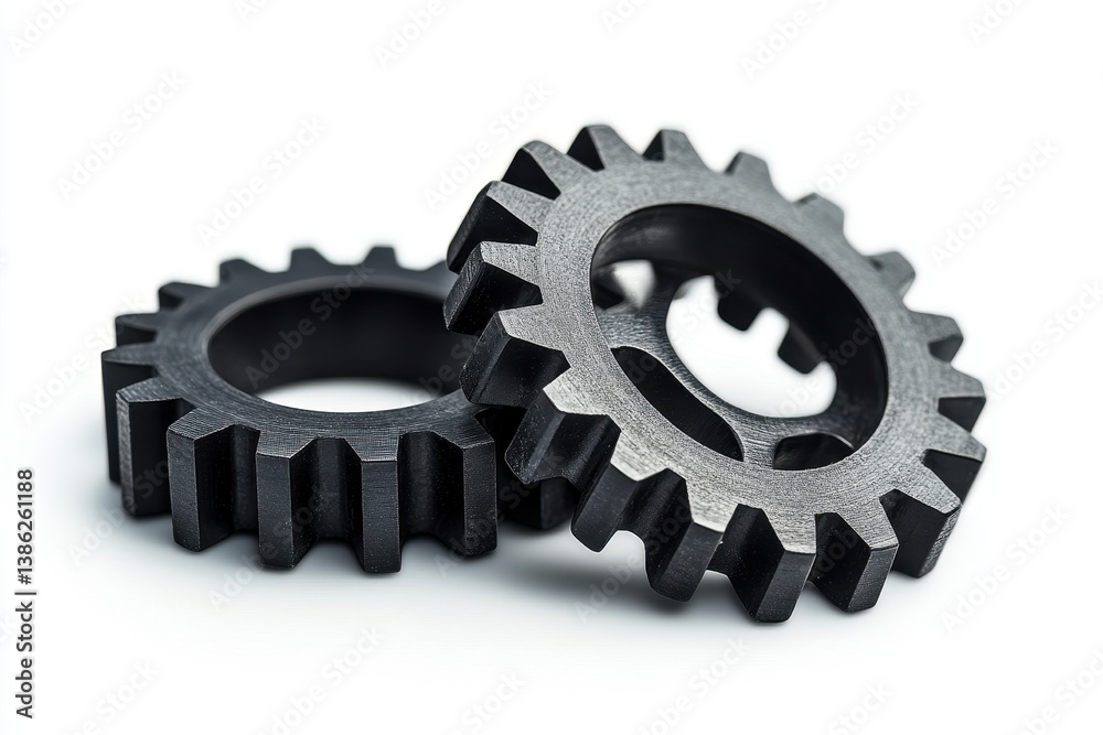 Poster detailed view of two black metal gears placed close together, showcasing the intricate design and te