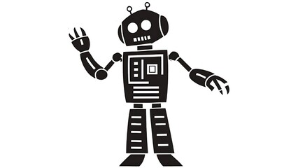 A friendly cartoon robot is shown in black silhouette. Its design is simple and evokes classic sci-fi themes.