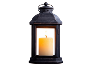 Rustic lantern with candle illuminating warm atmosphere at night, cut out