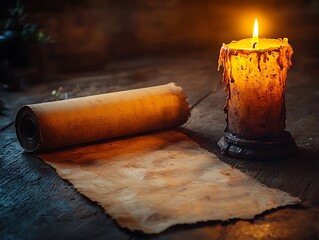 Handmade canvas scroll rolled out over old parchment desk, candlelight glow, medieval ambience, dusty room setting, warm shadows