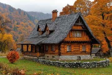 Autumnal Mountain Cabin Retreat: Picturesque Wooden House Nestled in Colorful Fall Foliage