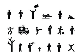 icon people in different situations, set of human figures, stick figure person pictogram, man, woman and children	
