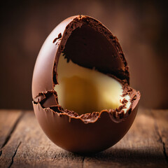 Chocolate easter egg with a hollow center, placed on a wooden surface. The egg is partially broken, revealing a smooth and shiny interior, with some pieces of chocolate flaking off around the edges.