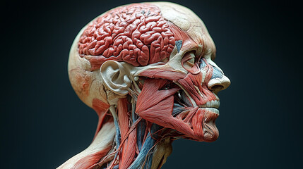 Detailed human anatomical model showcasing muscles and brain structure in a close-up view wallpaper, background, generated   AI 