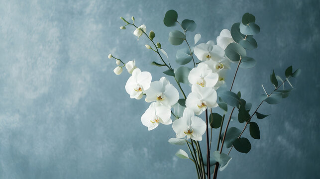 A refined and sophisticated bouquet of orchids and eucalyptus, arranged in a modern minimalist style to achieve a fresh and chic floral design.