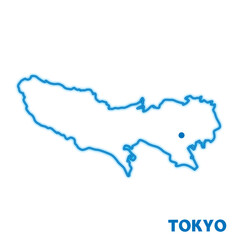 日本の東京都の単独の地図イラスト　都道府県別のネオン調の線画　県庁所在地
