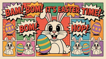 Happy Easter, Easter Bunnies with a Big Easter Egg, Happy Easter stylish and modern mosaic web banner design template, created with generative ai