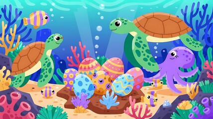 Naklejka premium Underwater Easter Hunt with sea creatures discovering Easter eggs among coral reefs, aquatic life celebrate easter, created with generative ai