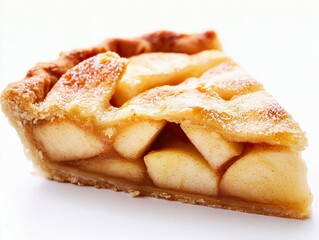Delicious slice of apple pie with a golden crust, sprinkled with powdered sugar on a white background.