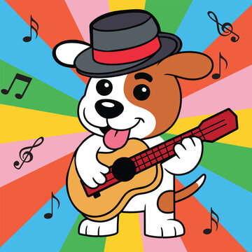 qute vector art mascots. Cartoon Dog and guiter Vector Illustration. Vintage Vector animal Character Design