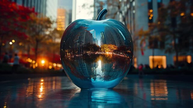 Modern Apple Sculpture Reflection Sunset on Glass Buildings, Urban Art Installation, seamless looping overlay 4k video.