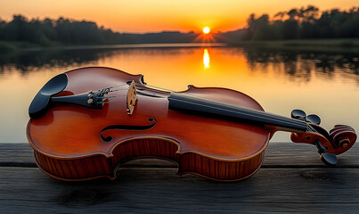 Violin at sunset over lake