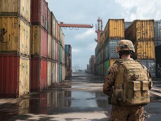 Soldier stands guard between stacks of shipping containers, ready for potential threats in the port area.
