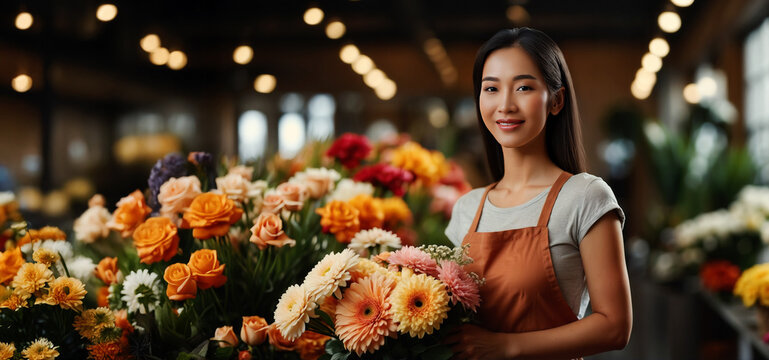 Young Asian florist smiling in a flower shop full of colored blooms, holds a bouquet of fresh flowers in his hand.