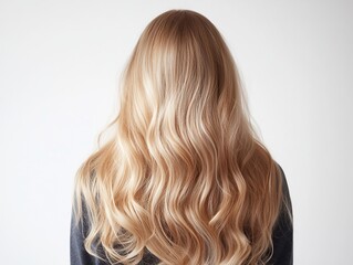 Naklejka premium Flowing waves of golden blonde hair cascade down a woman's back, creating a soft and radiant effect.