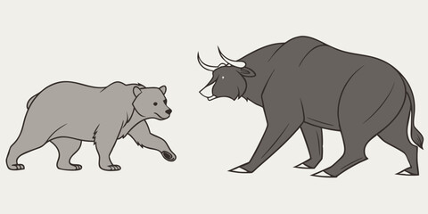 Fototapeta premium minimalistic vector illustration of a bear and a bull facing eachother with a white backdrop representing stock market bullish vs bearish sentiments - generated via ai