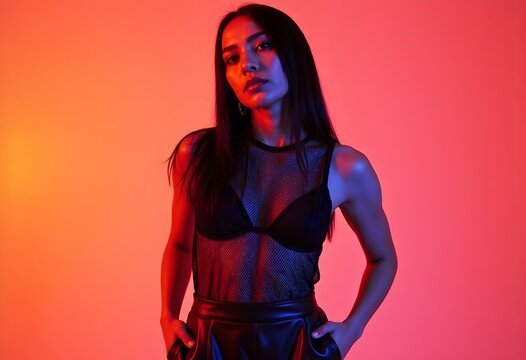 Fashion Model in Black Mesh Top with No Bra and Leather Skirt, Striking a Confident Pose Under Neon Lighting for a Bold, High-Fashion Look