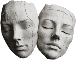 Two gray clay masks, eyes closed, isolated on a transparent background.  The textured surface suggests fragility and introspection, symbolizing duality or hidden emotions. PNG image