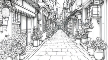 Serene Monochrome Alleyway: A Japanese Street Scene