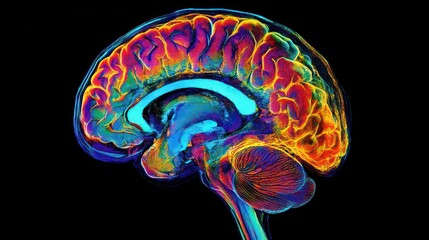 Colorful human brain illustration highlights neurodiversity, creativity. Rainbow colors cover brain structure. Abstract style shows brain as vibrant, dynamic. Profile view of head, neck brain in