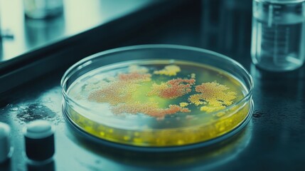 Colorful bacterial colonies in petri dish on laboratory bench