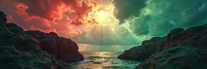Dramatic sunset over rocky seascape with sun rays piercing clouds
