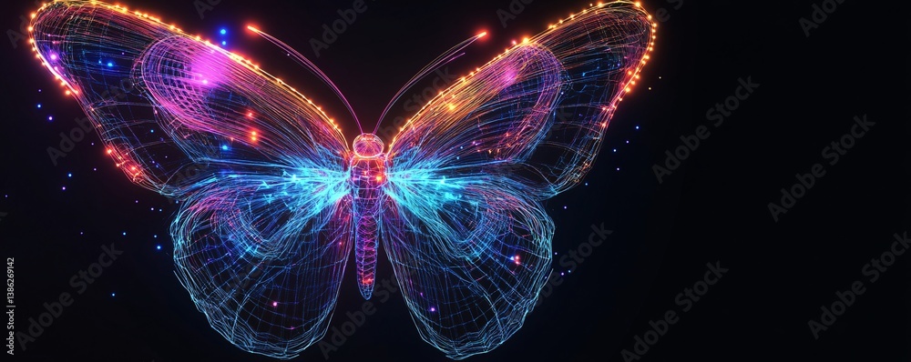 Poster abstract glowing butterfly spreading its wings in a dark universe