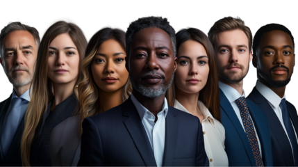 A successful business team, a business group photo, a colorful group photo of a cohesive team, diverse faces, a team workplace photo, a team of diverse talents, on a transparent backgrounds