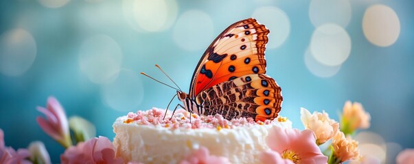 Beautiful butterfly perched on a birthday cake enjoying a summer day