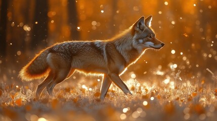 Golden Hour Wildlife A Majestic Canine in a Sunlit Forest Setting Capturing the Essence of Na