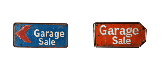 Vintage garage sale metal signs with arrow and text. Set png cut out