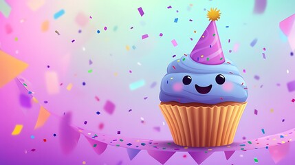 A happy cupcake wearing a party hat with confetti