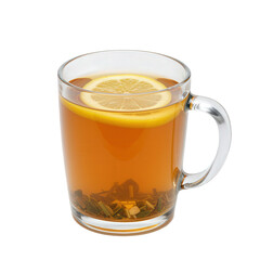Glass mug of herbal tea with a fresh lemon slice.