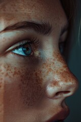 Freckled beauty, close-up profile, striking blue eye, natural highlights, introspective, serene expression, soft lighting.