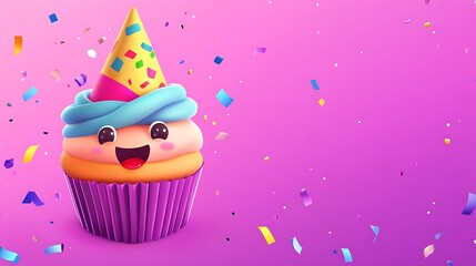 A cheerful cupcake celebrating with party hat and confetti pieces