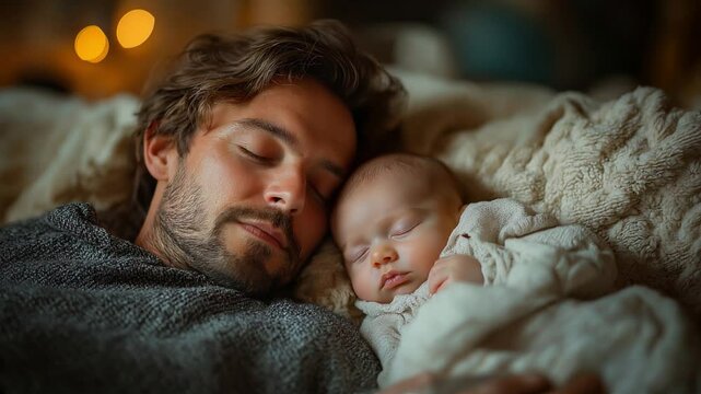 New Father Sleeping with Newborn Baby Cozy Home Nursery, Peaceful Bonding & Sweet Dreams, seamless looping overlay 4k video.