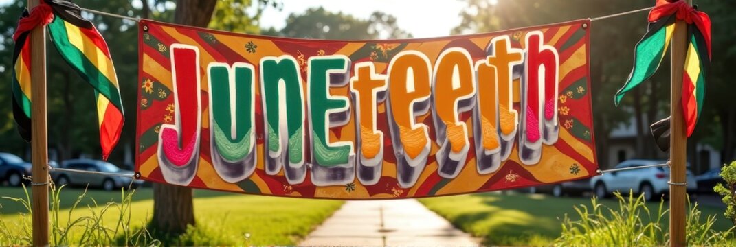 Colorful juneteenth banner with sunflare in a park setting