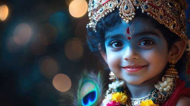 Little boy Krishna with blue skin decorated with jewelry, peacock feathers, smiling on blurred dark background, Hinduism, Krishna Janmashtami