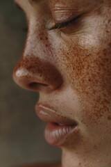 Fototapeta premium Freckled serenity soft focus side profile natural beauty calm mood earthy tones skincare theme