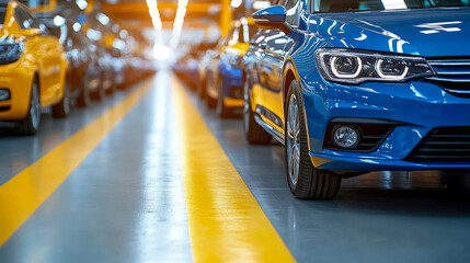 Automotive Industry: Assembly line of shiny new vehicles awaiting distribution from the production plant