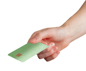 Card held by female hand. Elegant plastic bankcard with chip, showing in closeup, modern payment...