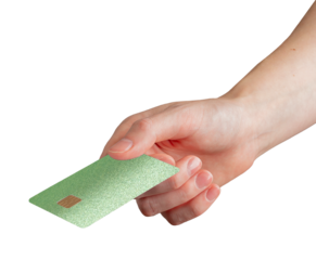 Card held by female hand. Elegant plastic bankcard with chip, showing in closeup, modern payment concept, purchase, loan, sale, currency exchange, commerce. Isolated on white background..