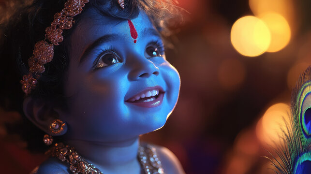 Little boy Krishna with blue skin decorated with jewelry, peacock feathers, smiling on blurred dark background, Hinduism, Krishna Janmashtami