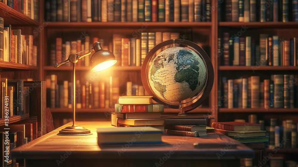 Poster vintage globe illuminating knowledge on a desk in a library at night